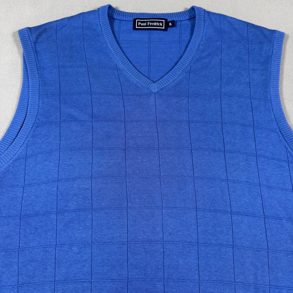 Paul Fredrick Mens XL Royal Blue 100% Silk V-Neck Grid Knit Sweater Vest